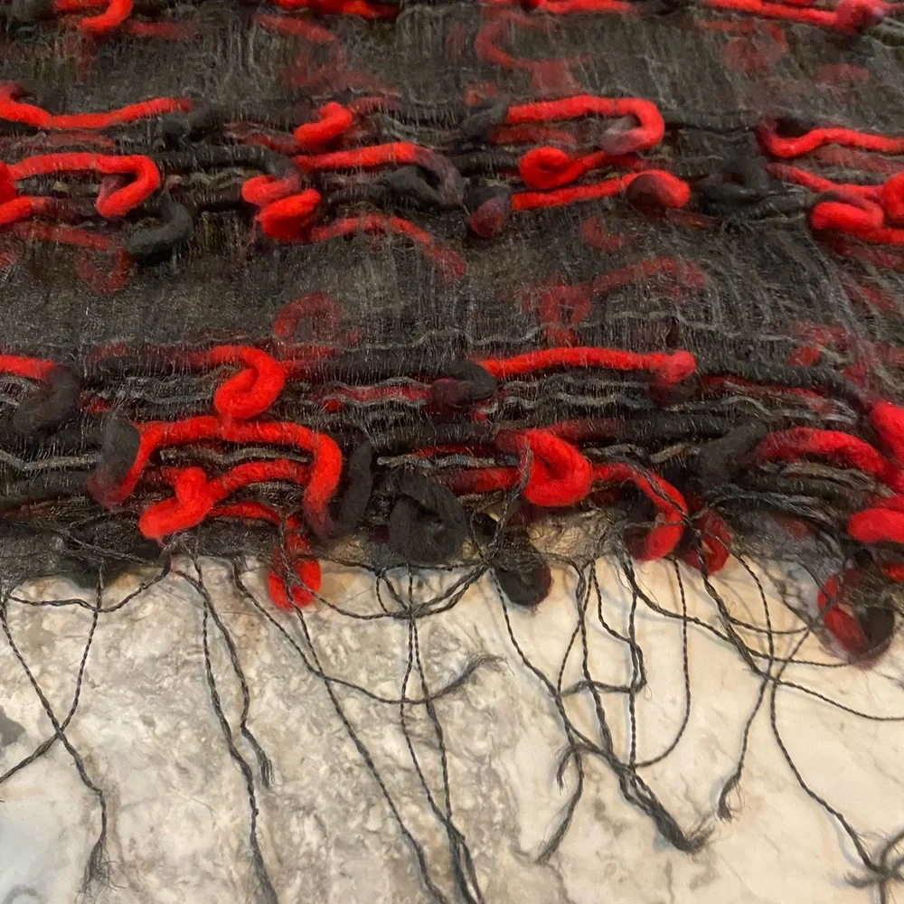 Woman’s Black 100% Ground Silk, Acrylic Red Strip scarf/Shawl - No Brand